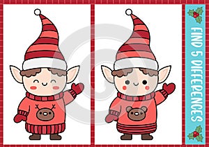 Christmas find differences game for children. Attention skills activity with cute elf in red hat. New Year puzzle for kids with
