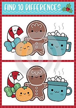 Christmas find differences game for children. Attention skills activity with cute orange, candy cane, gingerbread, cacao mug. New