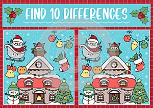Christmas find differences game for children. Attention skills activity with cute Santa Claus, house, tree, snowman. New Year