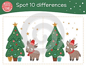 Christmas find differences game for children. Holyday festive preschool activity with little deer and fir tree. New Year puzzle