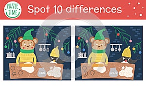 Christmas find differences game for children. Winter educational activity with funny animals backing cookies. Printable worksheet