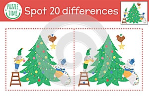 Christmas find differences game for children. Winter educational activity with funny animals decorating fir tree. Printable