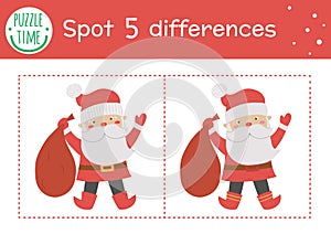 Christmas find differences game for children. Winter educational activity with funny Santa Claus. Printable worksheet with smiling
