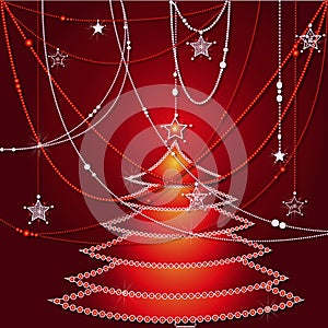 Christmas fir-tree and beads on a red background