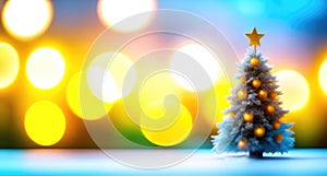 Christmas fir tree on a blurred lights bokeh background.Winter holidays festive, Merry Christmas,Happy New Year greeting card