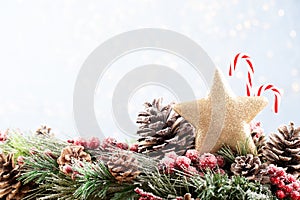 Christmas fir tree with bokeh background. Merry Christmas and Happy New Year. Christmas bokeh background with snow fir tree. Top