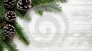 Christmas Fir Tree Branches and Pine Cones on White Background. Festive Holiday Decoration, Winter Nature Concept, Christmas