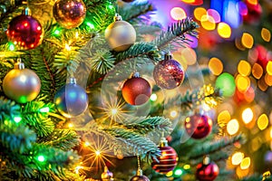 Christmas fir tree with colorful lights close up. Christmas fir tree with colorful lights and decorations photo