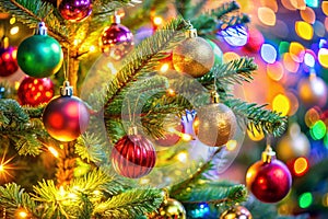 Christmas Fir Tree with Colorful Lights Close-Up photo