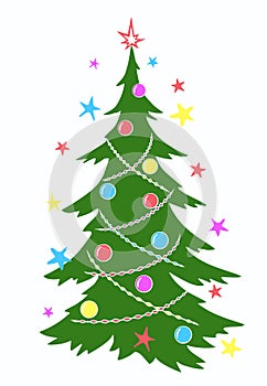 Christmas Fir tree with garlands, toys and stars in simple flat style on white background.