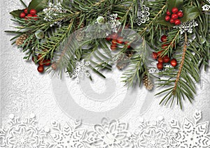 Christmas Fir Tree with Hooly and paper snowflake on wood