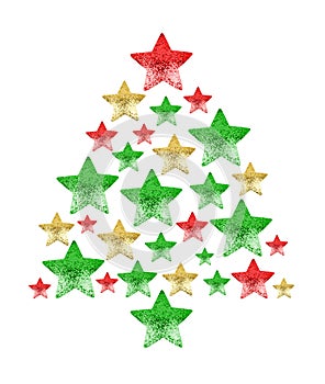 Christmas fir tree made of shiny stars white background isolated closeup, green, red, golden stars in shape of decorative New Year
