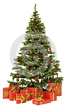 Christmas fir tree and presents gifts box over white background