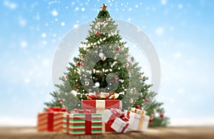 Christmas fir tree and presents. snowflakes christmas gifts and green decorated tree 3d-illustration