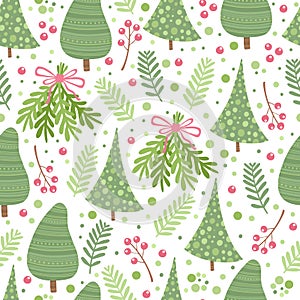 Christmas fir tree seamless pattern. Vector illustration for your holiday design. Fir tree xmas decoration with green