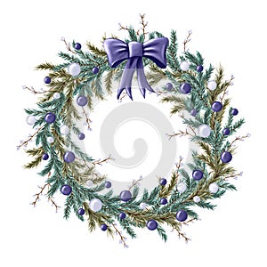 Christmas fir-tree wreath with a big indigo bow, white and indigo Christmas balls, and tiny berried twigs on white