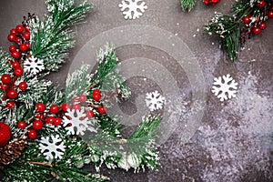 Christmas fir twigs with red berries and snowflakes on dark background