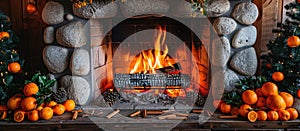 Christmas Fireplace Adorned With Oranges and Pine Cones