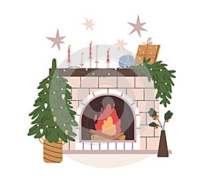 Christmas fireplace decorated with winter holiday ornament. Warm fire, fireside with Xmas fir tree, festive decorations