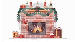 Christmas fireplace design. Xmas fire place, brick fireside decoration. A furnace with winter holiday ornaments