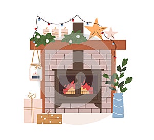 Christmas fireplace design. Xmas fire place, brick fireside decoration. Home hearth, furnace with winter holiday