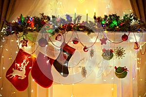 Christmas Fireplace, Family Hanging Socks, Xmas Lights Decoration, Tree Branches