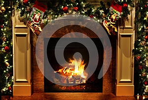 Christmas Fireplace with Garlands and Stockings photo