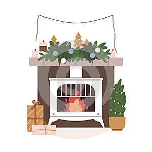 Christmas fireplace with holiday decoration, Xmas gift box. Festive winter fireside with fire, fir branch ornament on
