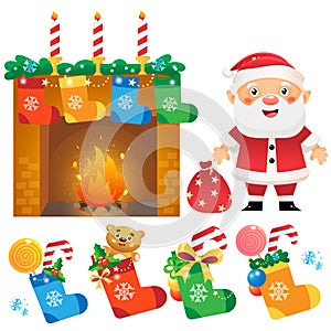 Christmas fireplace with ornaments. Santa Claus. Socks, Christmas boots with gifts, toys and sweets. Christmas. New year.