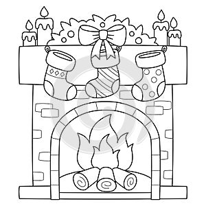 Christmas Fireplace with Stocking Isolated