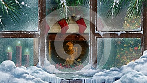 Christmas Fireplace Through a Window with Snowfall 4K Loop