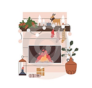 Christmas fireplace. Xmas fire place, fireside decoration with festive ornaments. Home furnace with winter holiday gifts