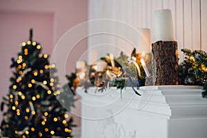 Christmas Fireplace, Xmas Lights Decoration, Tree Branches, candles and pine pieces