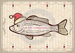 Christmas fish in Santa red hat.Vintage drawing ca