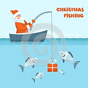 Christmas fishing card. Santa Claus fishing in his boat. Vector Winter holiday illustration background with Christmas  text