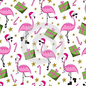 Christmas flamingo seamless pattern. Funny flamingos in Santa\'s hat. Gift box and candy cane