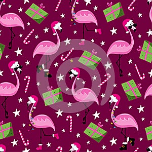 Christmas flamingo seamless pattern. Funny flamingos in Santa\'s hat. Gift box and candy cane