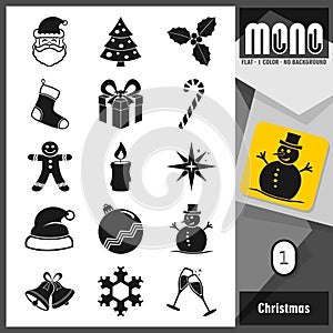Christmas Flat Icon set. Mono collection. 15 flat transparent icons