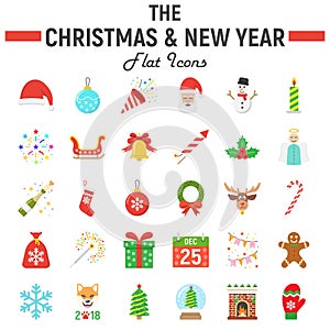 Christmas flat icon set, new year signs