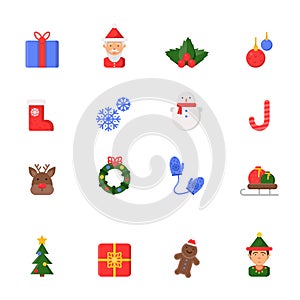 Christmas flat icons. Winter celebration vector symbols santa boots candles snowman bells and christmas tree isolated