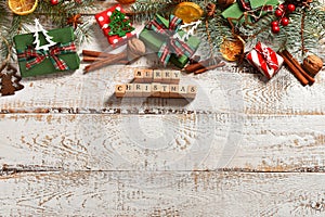 Christmas flat lay background on white wooden board