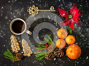 Christmas flat lay with a Christmas star, citrus, pine cones, branches, berries, cookies, key, mug on black background with snow
