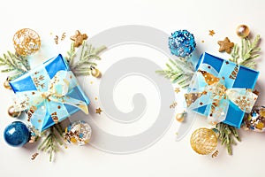 Christmas flat lay composition with luxury gifts, fir branches, gold and blue decorations on white background