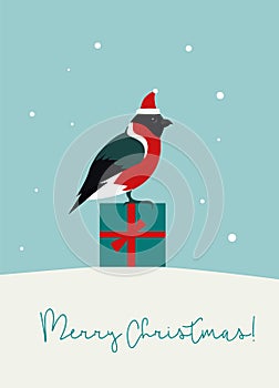 Christmas flat style bullfinch. Winter holiday snow background. Christmas and New Year cards, banners and posters