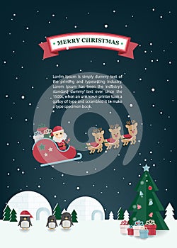 Christmas Flat vector with Santa claus, reindeer sleigh in winter village. Christmas greeting card.