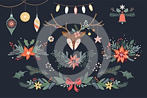 Christmas floral collection with deer, bouquets and garland