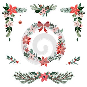 Christmas floral collection with seasonal borders, garland, wreath, winter festive design