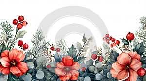 Christmas floral frame. Winter greenery border. Holiday greeting card template.