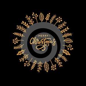 Christmas floral wreath. Merry Christmas handwritten calligraphy. Vector illustration