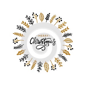 Christmas floral wreath. Merry Christmas handwritten calligraphy. Vector illustration